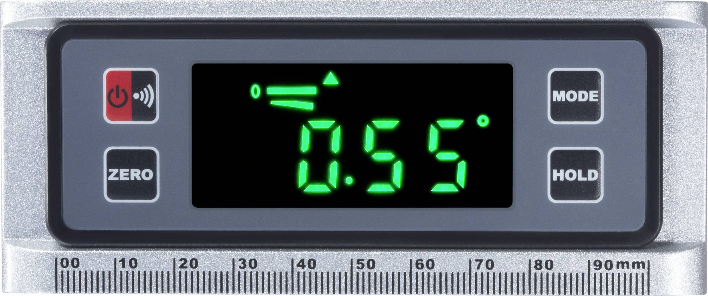 Digitaler Winkelmesser zeigt 0,55 Grad an. Tasten: Zero, Mode, Hold. Skala in mm darunter.