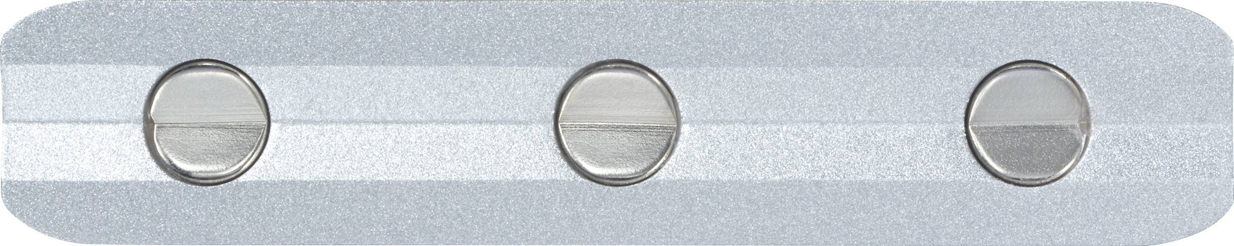 Eine schmale, metallische Oberfläche mit drei gleichmäßig verteilten runden Schraubenköpfen in einer Reihe.