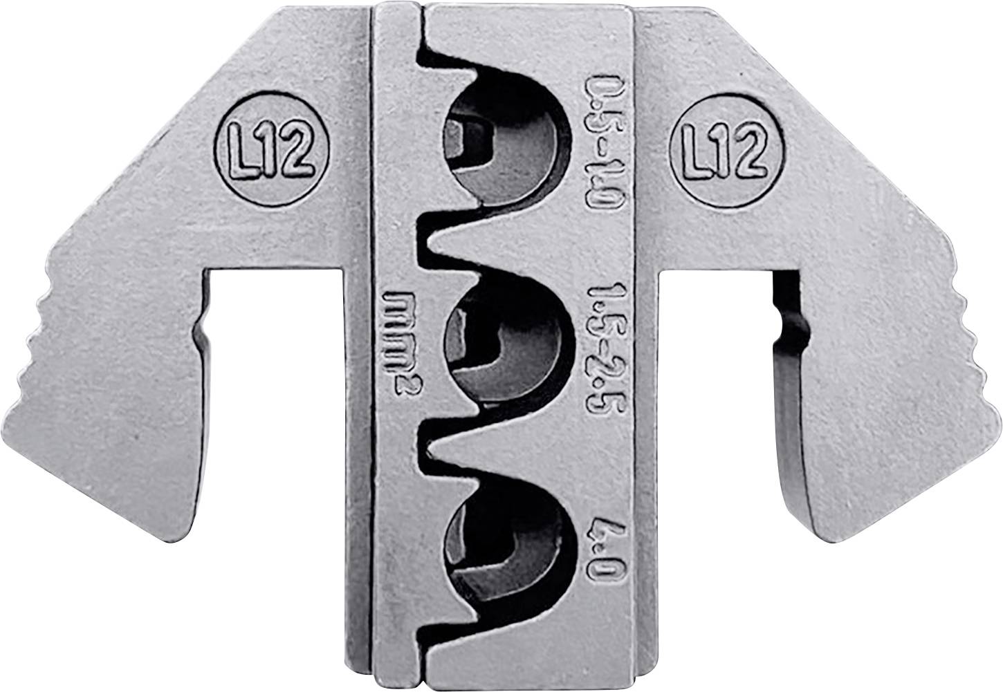 Metallstempel mit drei runden Löchern und eingeprägten Beschriftungen 'L12', '0,5-4,0', '10,5-28,5 mm²'.