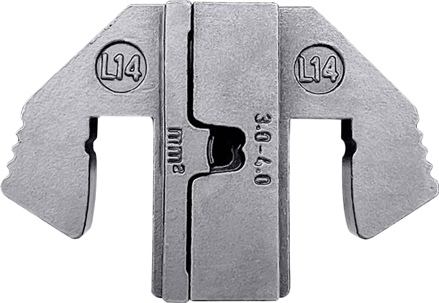 Metallisches Schnittwerkzeug mit zwei gezahnten Greifarmen, nummeriert 'L14', auf einer weißen Hintergrundfläche.