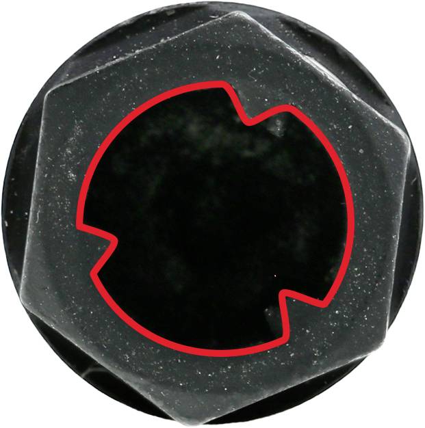 Eine schwarze Sechskantschraube mit transparentem Kunststoffkopf. Der Kopf hat eine rote, unregelmäßige Linie innen.