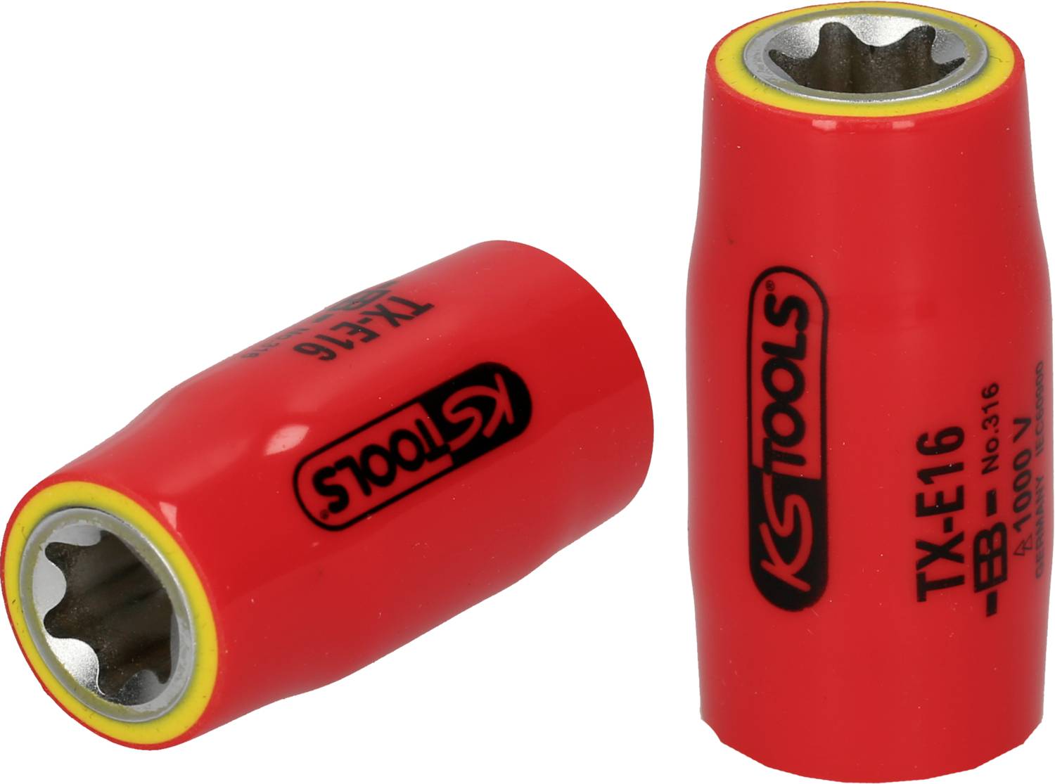 Zwei rote Sechskant-Stecknüsse, eine liegend und eine stehend, mit der Aufschrift 'KS TOOLS' und Modellnummer 'TX-E16'.