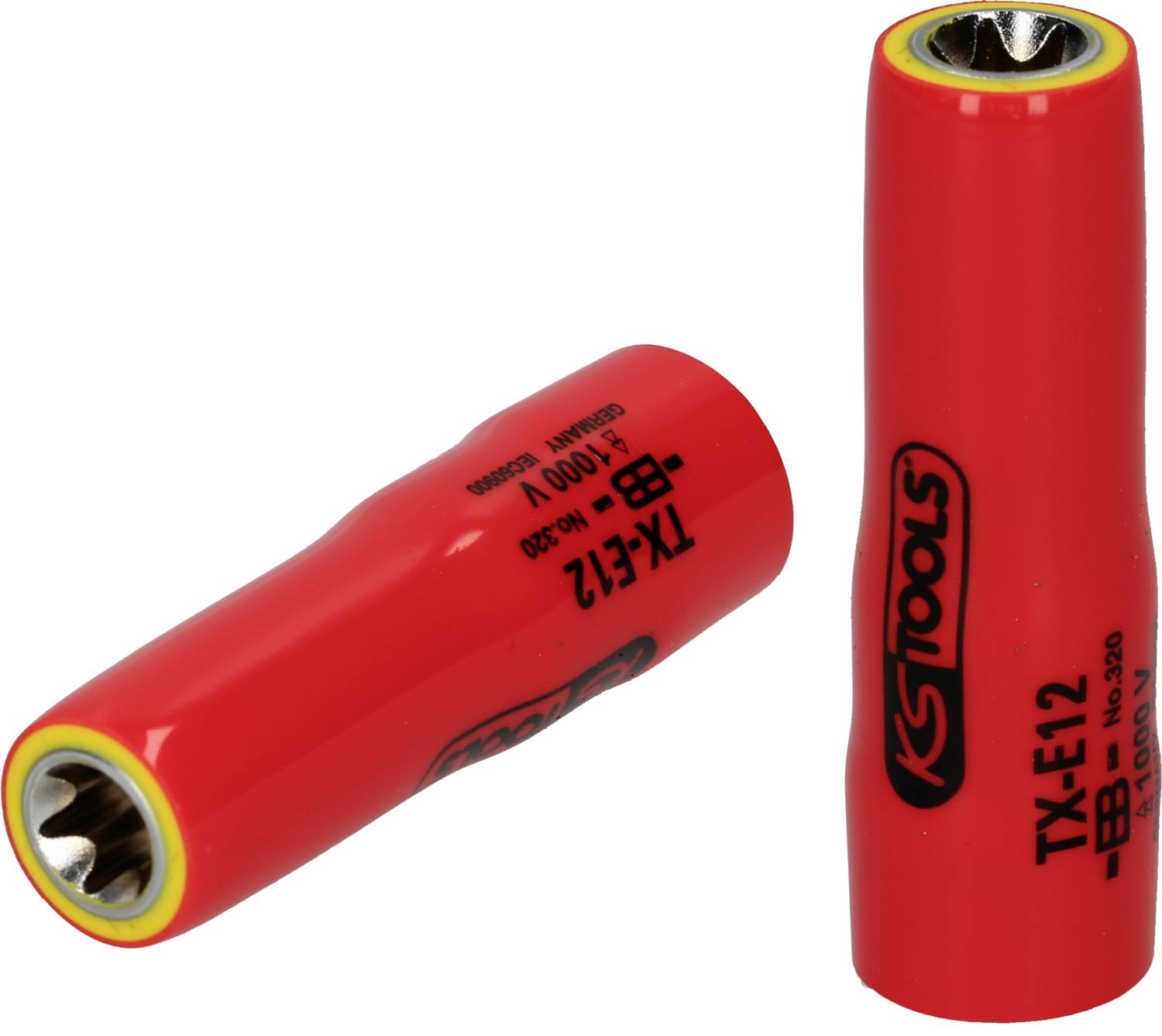 Zwei rote Knarren-Einsätze der Marke KS Tools, Modell TX-E12, mit hohlem Innenraum und zylindrischer Form auf weißem Hintergrund.