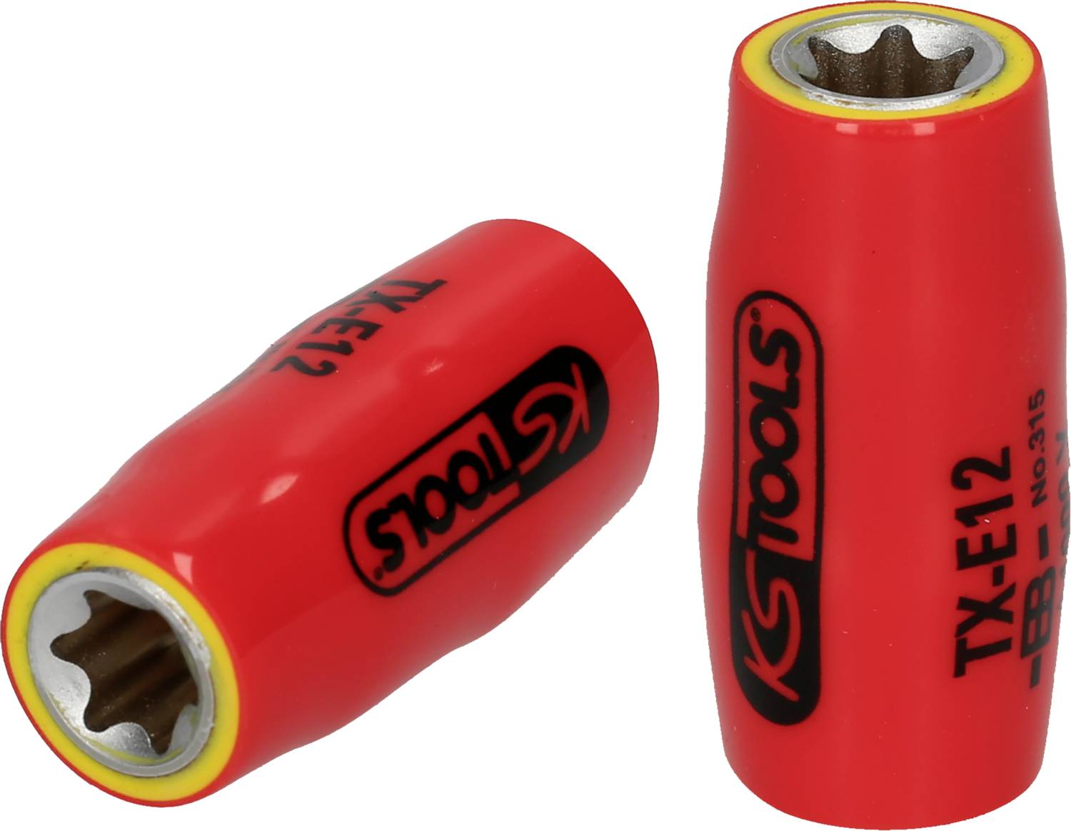 Zwei rote Stecknüsse mit der Aufschrift 'KS Tools TX-E12', eine stehend und eine liegend, zeigen das markante Design des Werkzeugs.