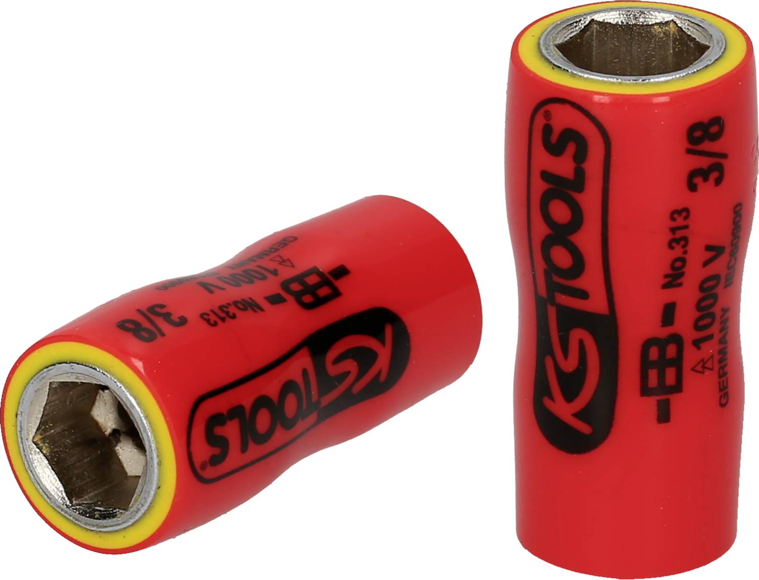 Zwei rote Sechskant-Steckschlüsseleinsätze mit KS Tools-Logo, einer stehend, einer liegend, mit ISO-Zertifizierung und Größenangabe.