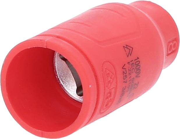 Roter elektrischer Stecker mit isoliertem Gehäuse, ausgelegt für 1000 Volt. Geeignet für industrielle Anwendungen.