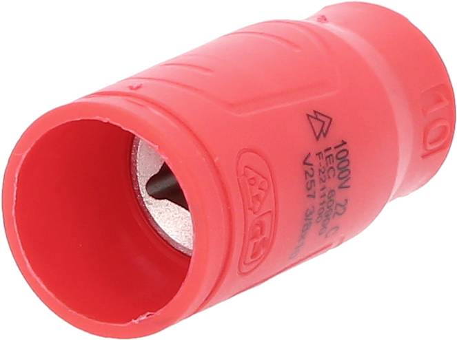 Roter isolierter Schraubenziehereinsatz mit metallischer Öffnung und aufgedruckter Spannung '1000V'. Geeignet für Elektroarbeiten.