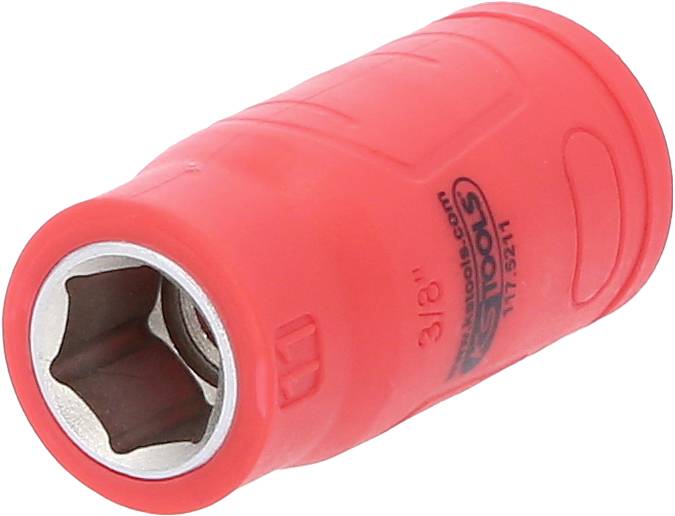 Rote Stecknuss mit Markenlogo, 3/8 Zoll Größe. Verwendet für Anwendungen in der Fahrzeug- und Maschinenwartung.