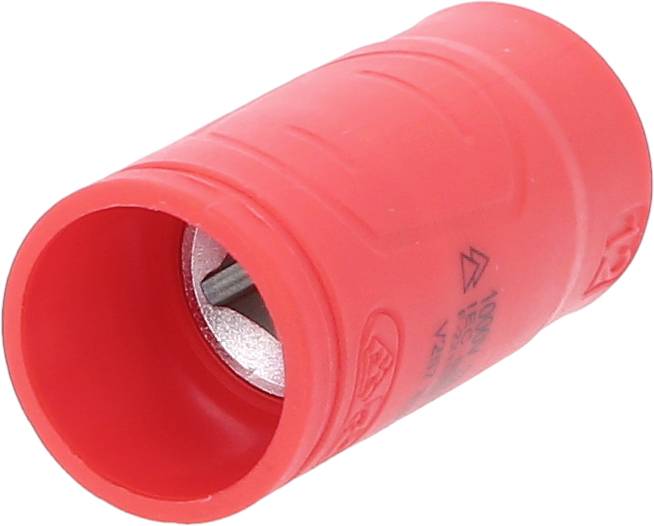 Roter Kunststoffzylinder mit Metallgewinde in der Mitte, möglicherweise ein Verbinder oder Endstück für elektrische Anwendungen.
