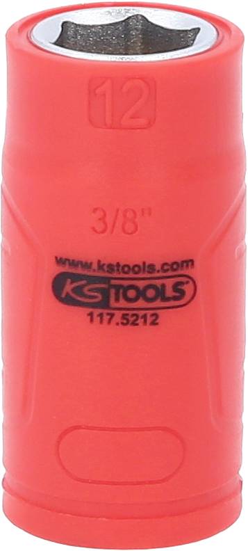 Eine rote Stecknuss mit der Aufschrift '12 3/8“', 'www.kstools.com' und '117.5212', hergestellt von KS Tools.