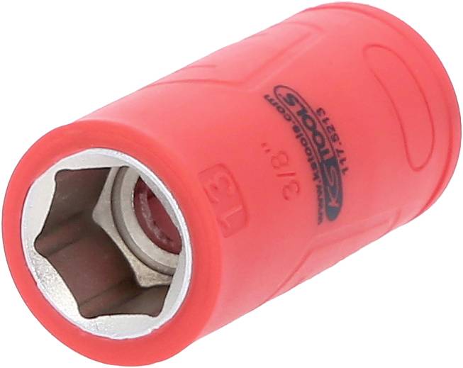 Roter Steckschlüssel mit 3/8 Zoll Größe, Stahlmitte und Kunststoffummantelung.