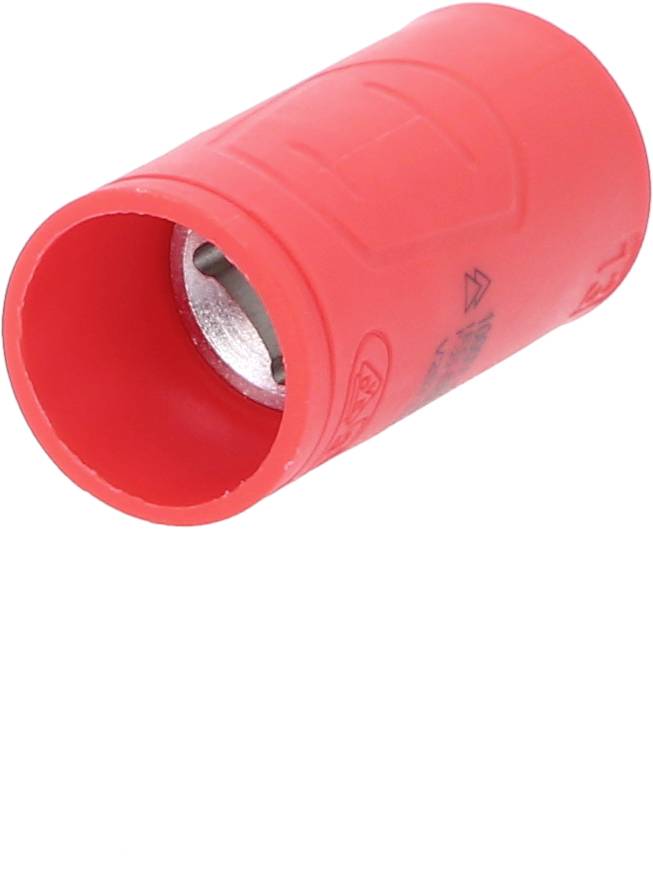 Roter, zylindrischer Steckverbindungsschutz mit metallischen Innenkomponenten. Hauptsächlich für elektrische Verbindungen verwendet.