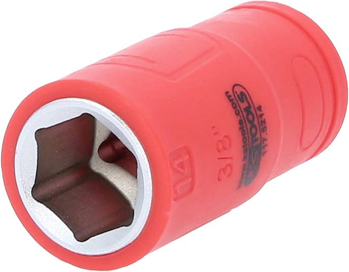 Rote Stecknuss mit 3/8-Zoll-Antrieb aus Metall, geeignet für Werkzeuge.