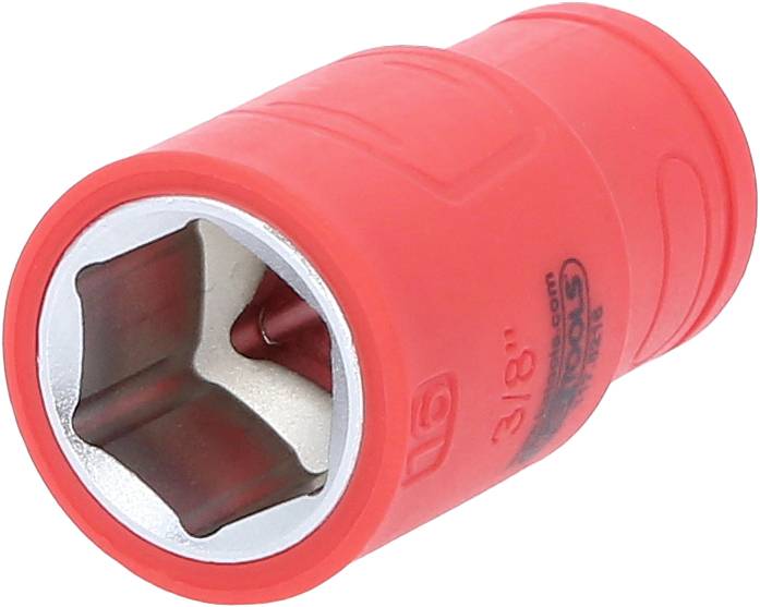 Roter 3/8 Zoll Steckaufsatz mit quadratischer Öffnung und teilweise sichtbaren Metallteilen, geeignet für Schraubenschlüssel.