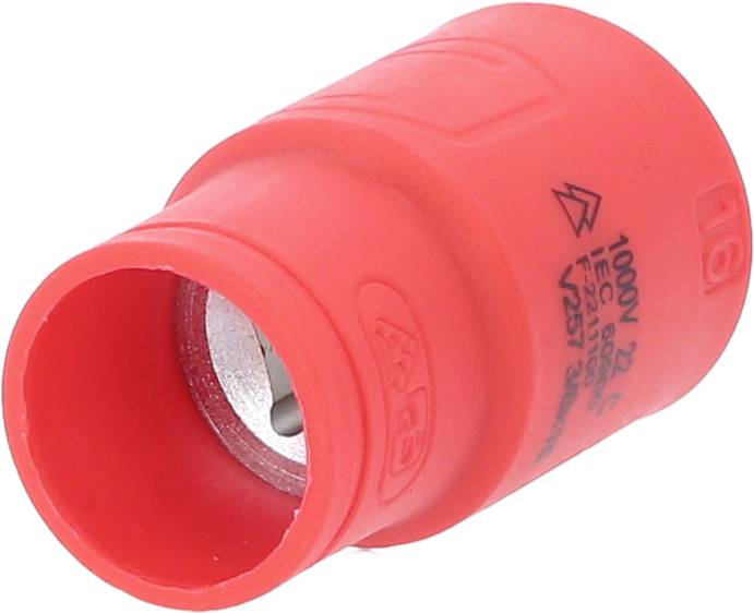 Roter isolierter Kabelverbinder mit Beschriftungen, geeignet für bis zu 1000 Volt. Verwendet in elektrischen Installationen.