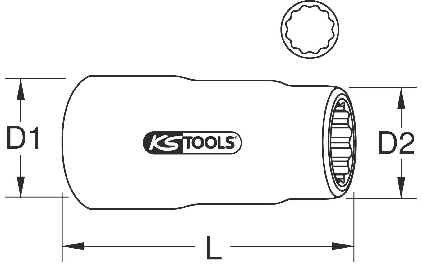 'Nuss'-Werkzeug-Schaubild zeigt Maße: D1, D2, L. Markenname 'KS TOOLS' in der Mitte. Zeigt auch die Innenform oben rechts.