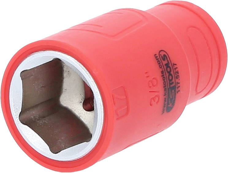 Roter Steckschlüsselaufsatz mit quadratischer Öffnung, geeignet für Schraubenmuttern. Mattiertes Metall innen, gefertigt aus robustem Kunststoff.
