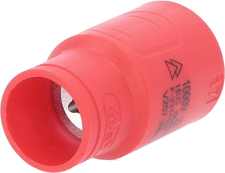 Roter elektrischer Steckverbinder ausgelegt für 1000V IEC 123 Normen, zeigt äußere Kennzeichnungen und Metalleinsatz.