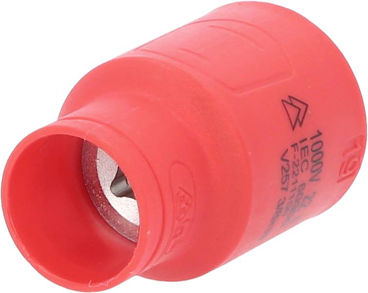 Roter Schutzadapter für elektrische Prüfungen, mit Aufschrift '1000V', zeigt Spannungskompatibilität und Sicherheitsstandard.