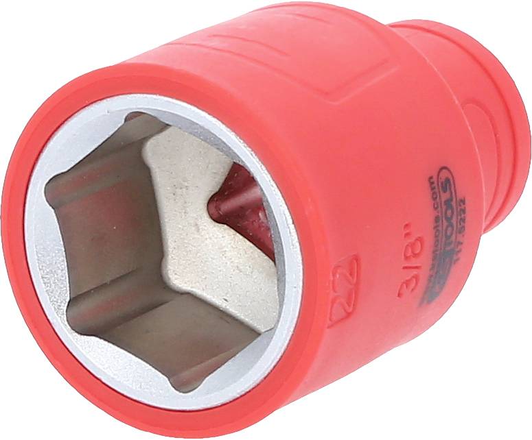 Ein roter Steckschlüssel ist abgebildet, mit einer Öffnung zur Befestigung an Schrauben und Muttern, gekennzeichnet mit '3/8