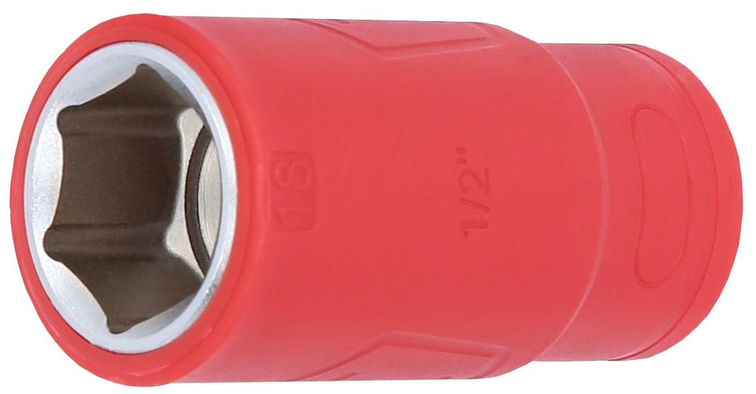 Roter Steckschlüssel, zylindrisch, mit metallischer Öffnung, seitlich mit Aufschrift '1/2'. Hauptsächlich für Schrauben geeignet.