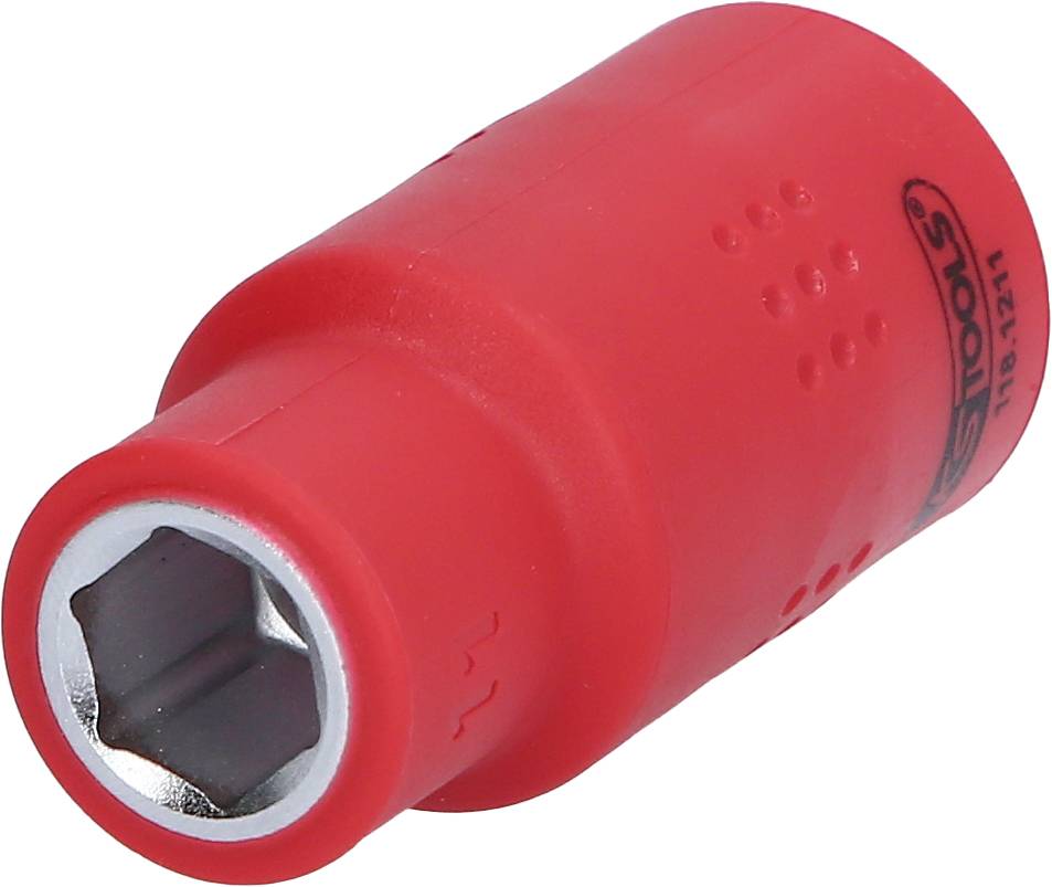 Roter Steckschlüsseleinsatz mit sechskantiger Öffnung, geeignet für Schraubarbeiten.