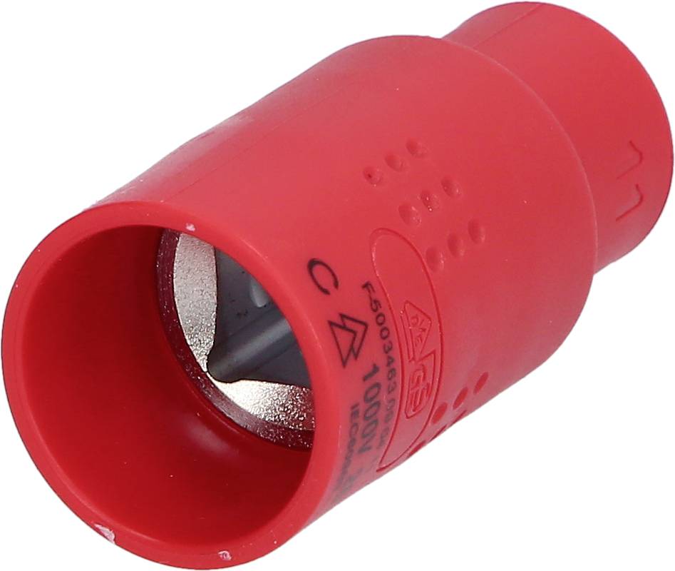 Ein roter Sicherheitsschraubendreher-Aufsatz, geeignet für elektrisches Arbeiten, mit isolierender Hülle und Metalleinsatz.