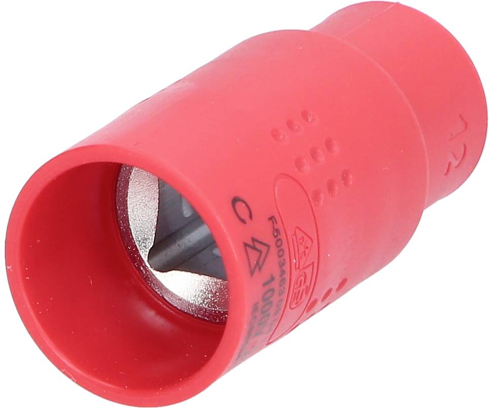 Ein rotes Kunststoffwerkzeug mit einem kreisförmigen Metalleinsatz. Es wird zum Entgraten von Rohren oder ähnlichen Objekten verwendet.