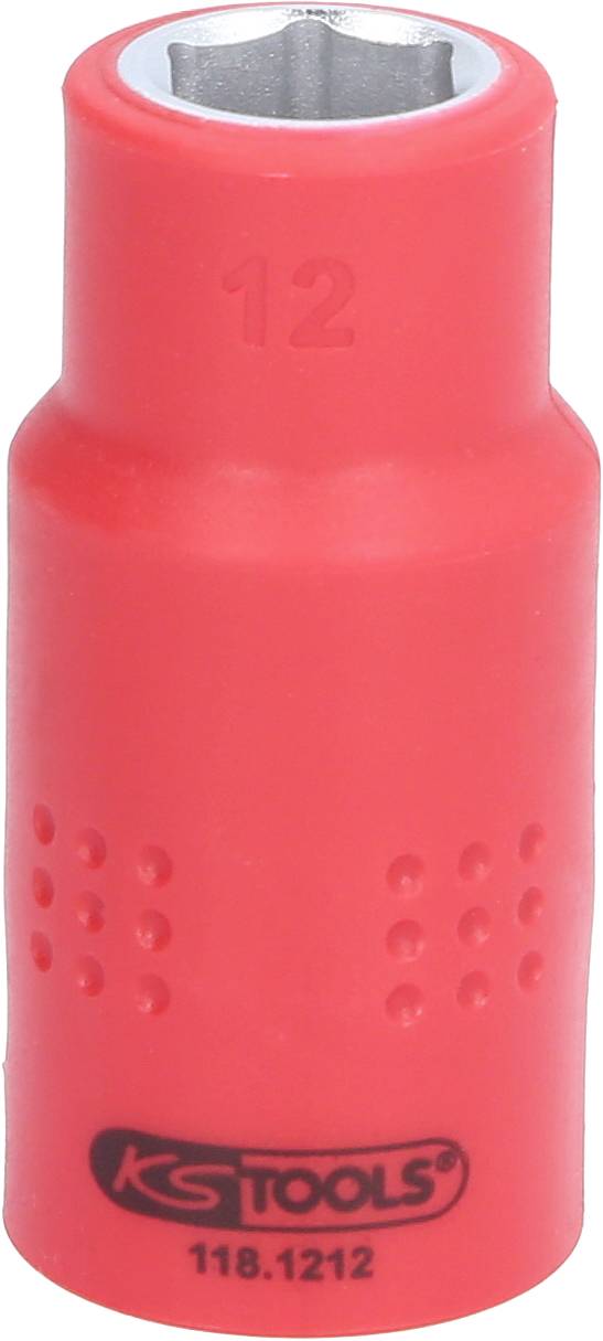 Roter Steckschlüsselaufsatz mit einem Sechskant-Profil. Upper mark '12', Markenname 'KS Tools'. Werkstattwerkzeug für Muttern und Schrauben.
