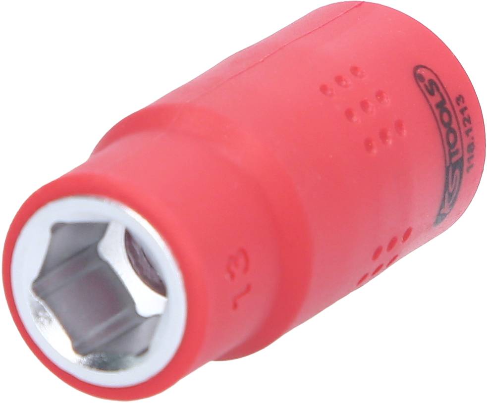 Rote Stecknuss mit sechskantiger Öffnung und Markierungen auf der Seite. Wird für Schraubarbeiten verwendet.