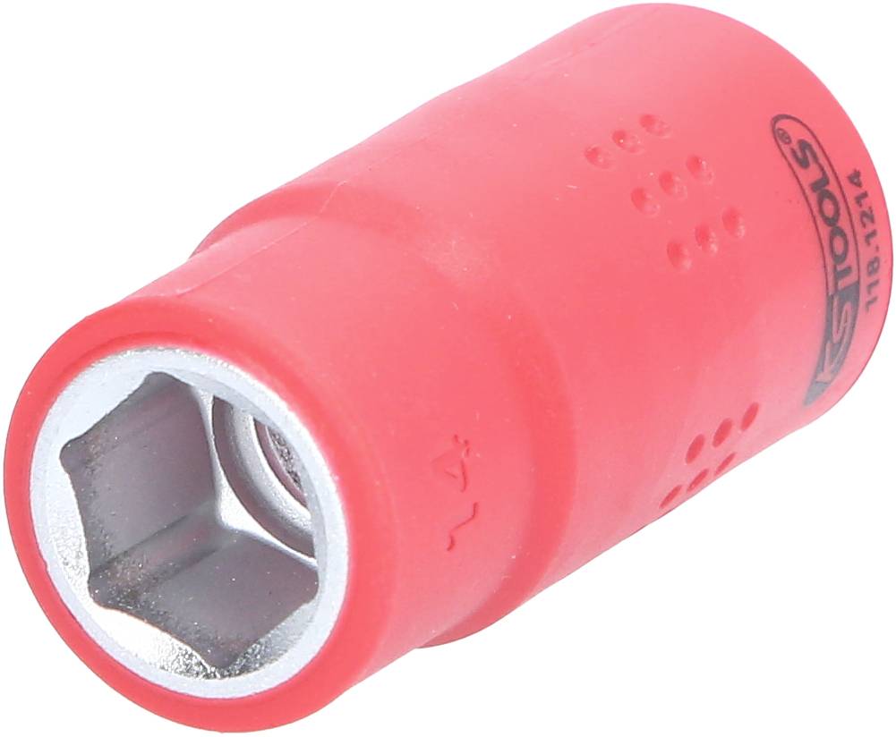 Roter Drehmomentschlüsselaufsatz, sechskant, mit Metallinnenteil. Geeignet für Schraubarbeiten in Werkstattumgebung.
