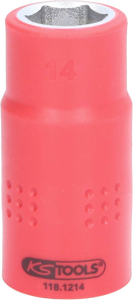 Roter Steckschlüsselaufsatz mit der Zahl '14' und der Aufschrift 'KS Tools 118.1214', verwendet für Schraubenarbeiten.
