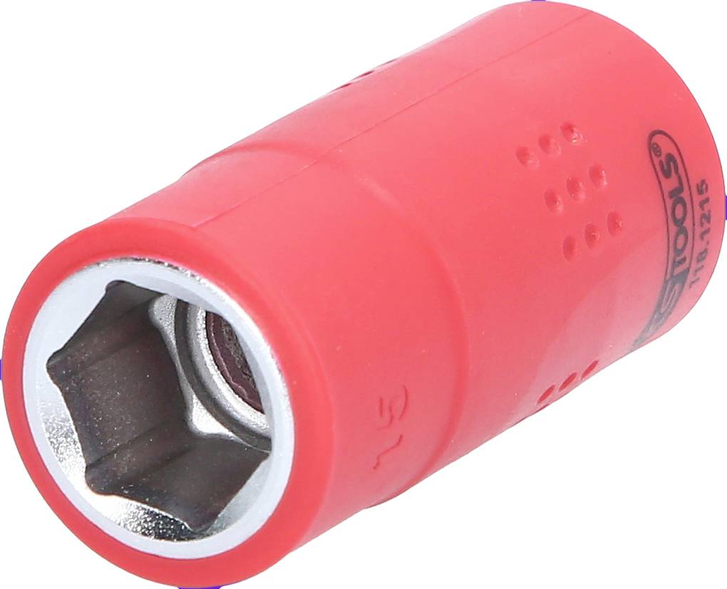 Roter Steckschlüsselaufsatz mit silberner Innensechskantöffnung, geeignet zum Lösen und Festziehen von Schrauben oder Muttern.