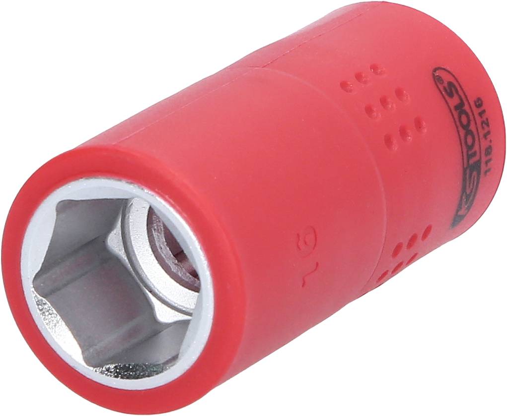 Roter Steckschlüssel, aus Metall mit Kunststoffüberzug, teilweise sichtbar, liegt auf weißem Hintergrund.