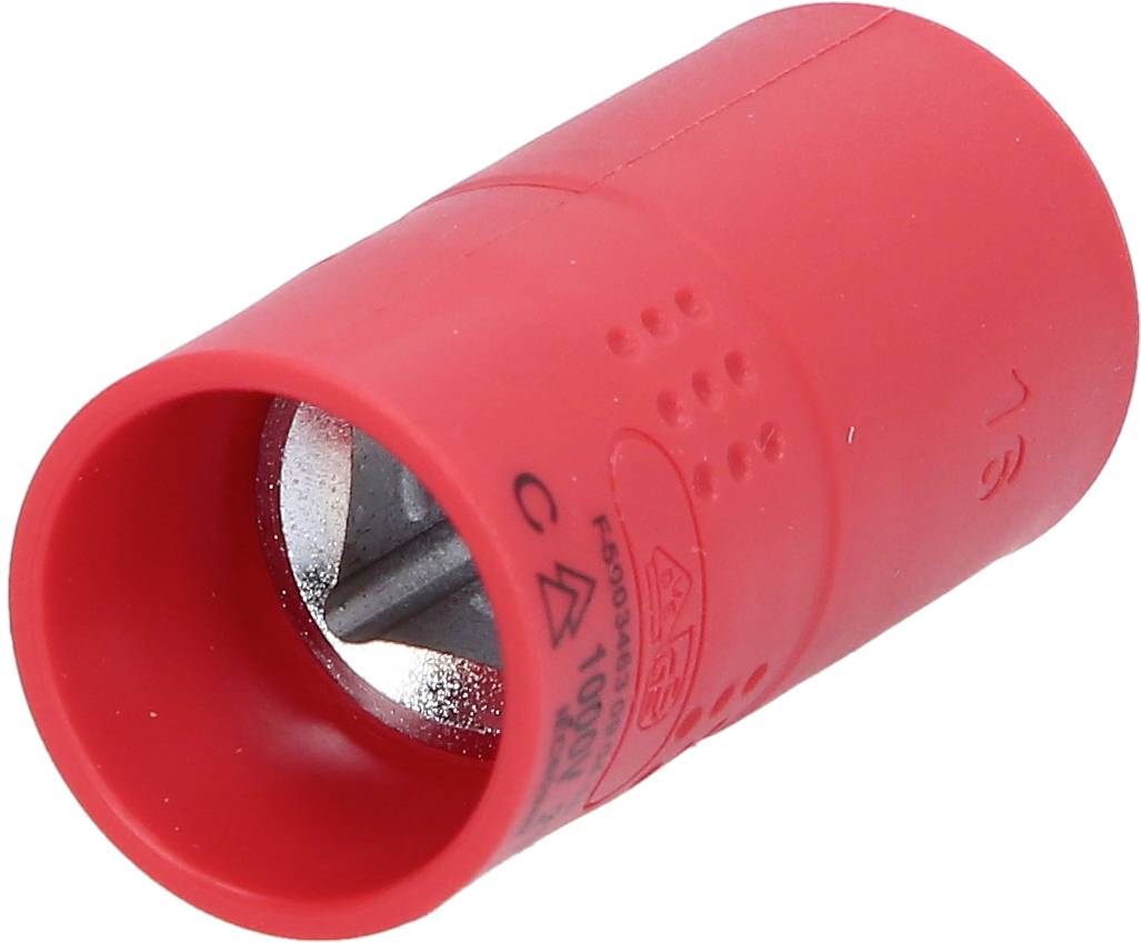 Ein roter Entgrater aus Kunststoff mit Metallklinge, verwendet zum Entfernen von Grat an Rohren.