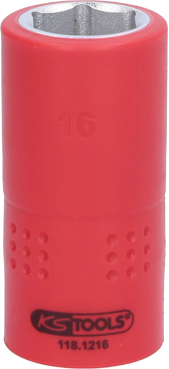 Roter Stecknuss mit Sechskantaufnahme und der eingeprägten Zahl '16', Marke 'KS Tools', Modellnummer '118.1216'.