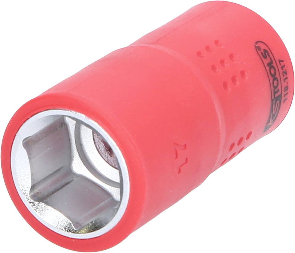 Eine rote Stecknuss mit rutschfestem Griff und metallischem Sechskant-Kopf, geeignet für präzises Anziehen von Muttern und Schrauben.