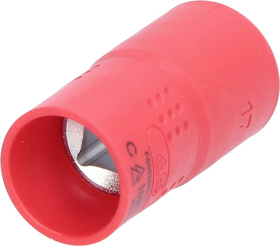 Ein rotes Kunststoffwerkzeug mit einer Metallspitze im Inneren, verwendet zum Schälen von Kabeln.