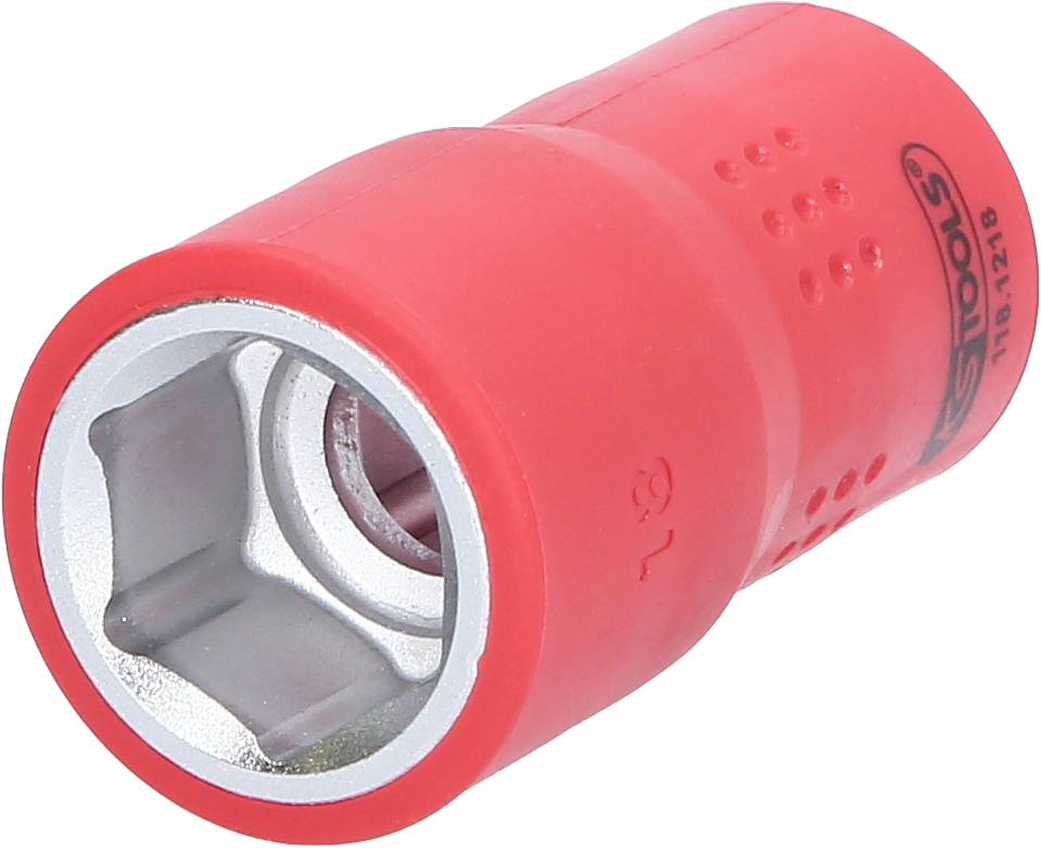 Roter Steckschlüssel mit metallischem Sechskantkopf, geeignet für die manuelle Schraubverbindung in technischen Anwendungen.