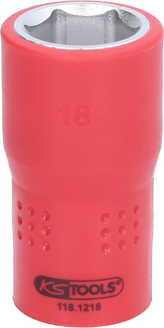 Rote Steckschlüssel-Nuss mit der Aufschrift '18' und 'KS TOOLS' unten.