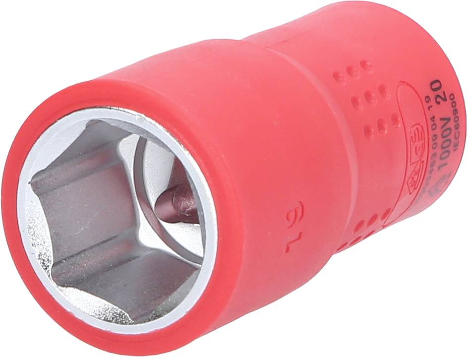 Rote Stecknuss aus Kunststoff mit glänzendem, metallischem Innenkopf, geeignet für Schraubarbeiten.