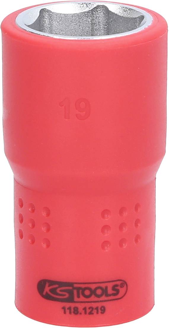 Roter Steckschlüssel mit der Aufschrift '19', darunter das Logo und die Nummer '118.1219' von KS Tools, für Schrauben mit 19 mm Durchmesser.