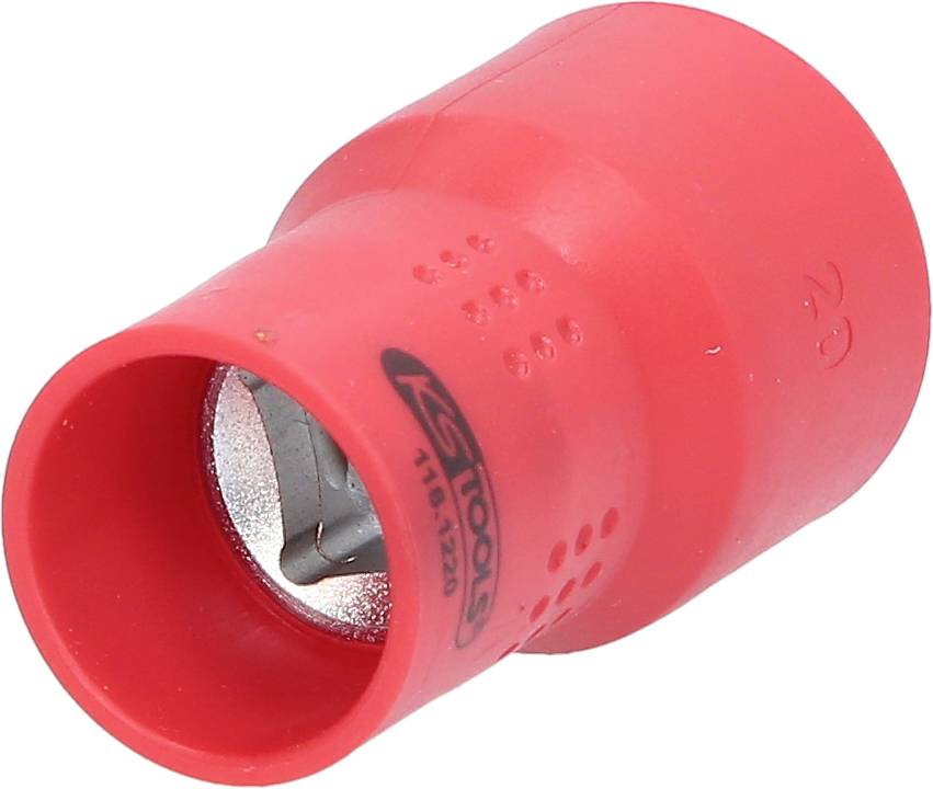 Roter Drehmomentschlüsselaufsatz mit Metallinnenverzahnung, geeignet für Schrauben im Fahrzeugbereich. Markenlogo sichtbar.