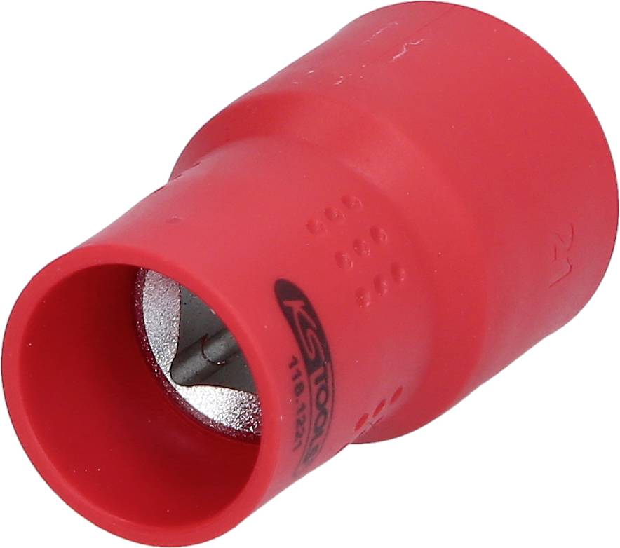 Ein roter KSTools Rohrentgrater mit zylindrischer Form und gezahntem, metallischem Innenbereich zum Entgraten von Rohren.