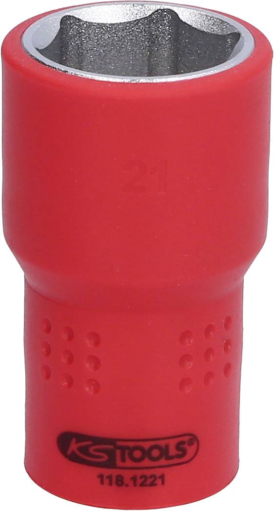 Rote Stecknuss mit 21mm Durchmesser, markiert mit 'KS TOOLS 118.1221', geeignet für Schrauben und Muttern.