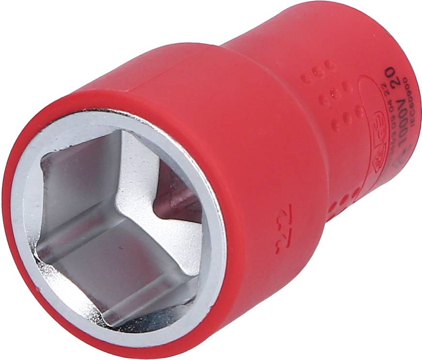Roter Steckschlüssel mit sechseckiger Öffnung, geeignet für mechanische Arbeiten. Silbernes, glänzendes Innere.