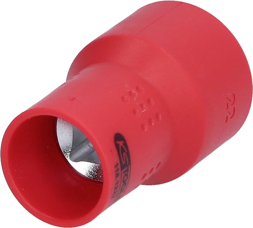 Roter Kunststoffaufsatz eines Werkzeugs mit Metall-Innenbereich, möglicherweise ein Adapter oder Schutzkappe.