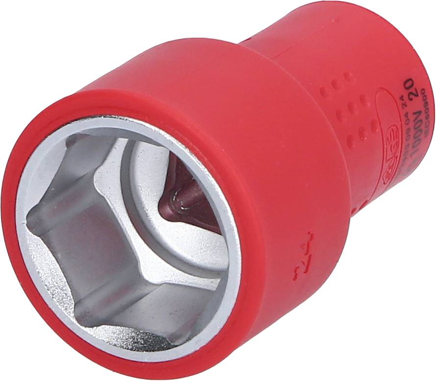 Roter Steckschlüsselaufsatz mit sechskantiger Öffnung, verwendet für das Lösen oder Anziehen von Schrauben oder Muttern.