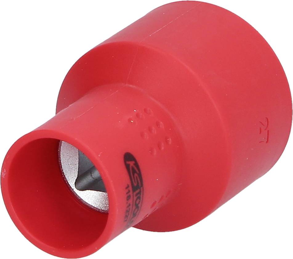 Ein roter Kapselheber aus Kunststoff, kegelförmig, mit einer Metallspitze innen zum Öffnen von Flaschen.