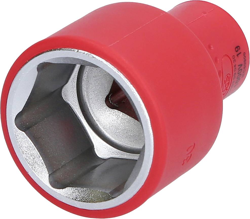 Ein roter Steckschlüsseleinsatz mit sechseckiger Vertiefung, für Schrauben und Muttern geeignet. Werkzeug für mechanische Arbeiten.